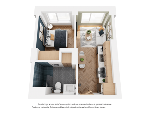 a 3d floor plan of a small apartment with a bedroom and a bathroom